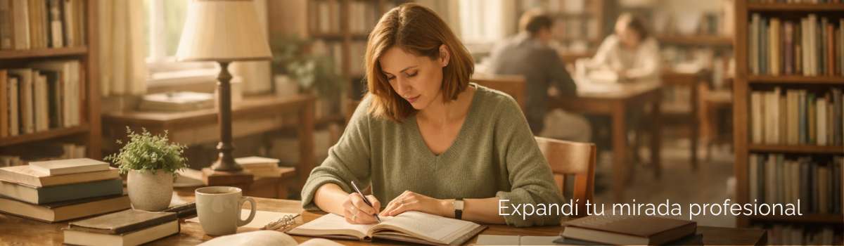 mujer adulta escribiendo sobre cuaderno escritorio y una gran biblioteca detrás