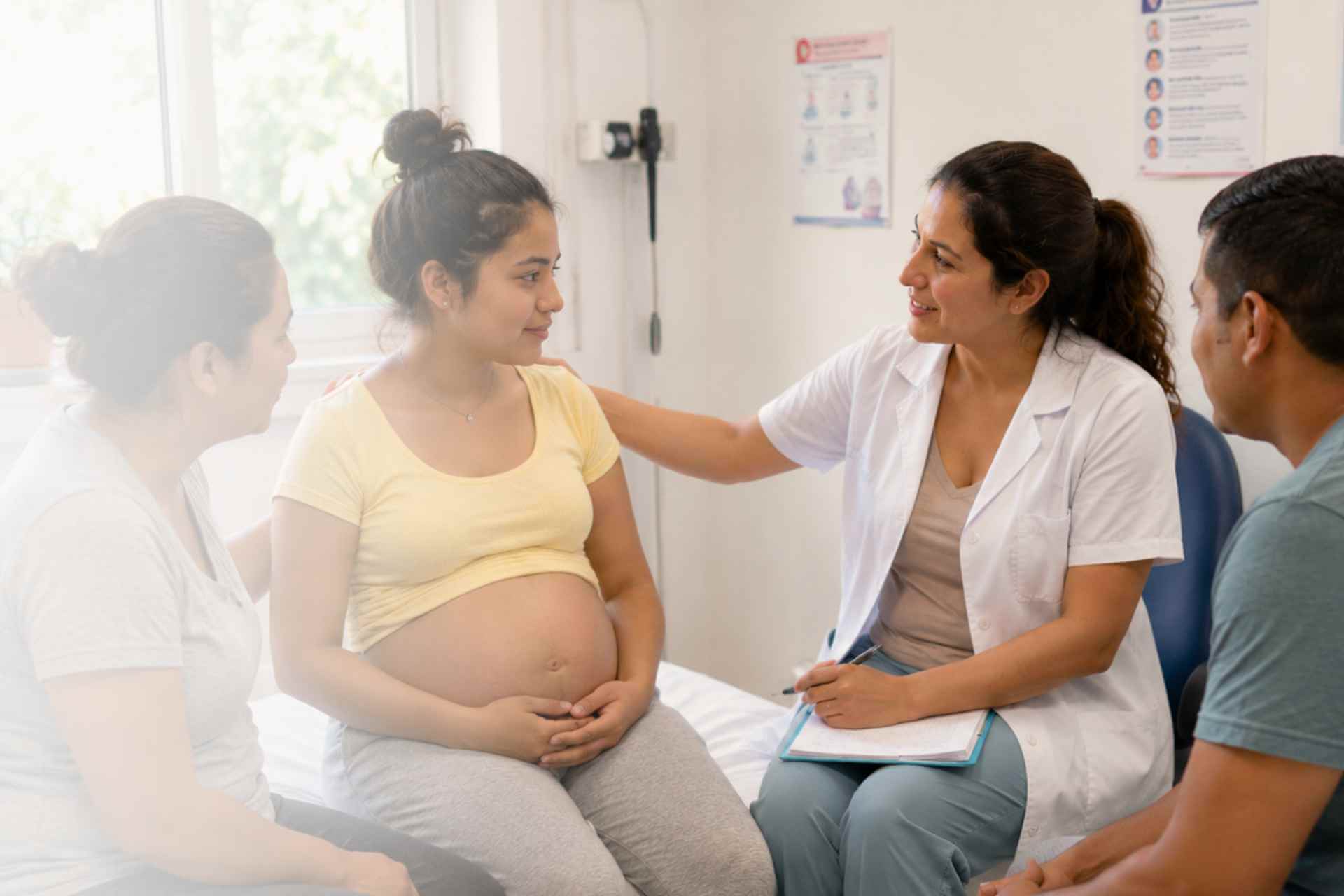 Una doula natal en hospital con una adolescente y su familia