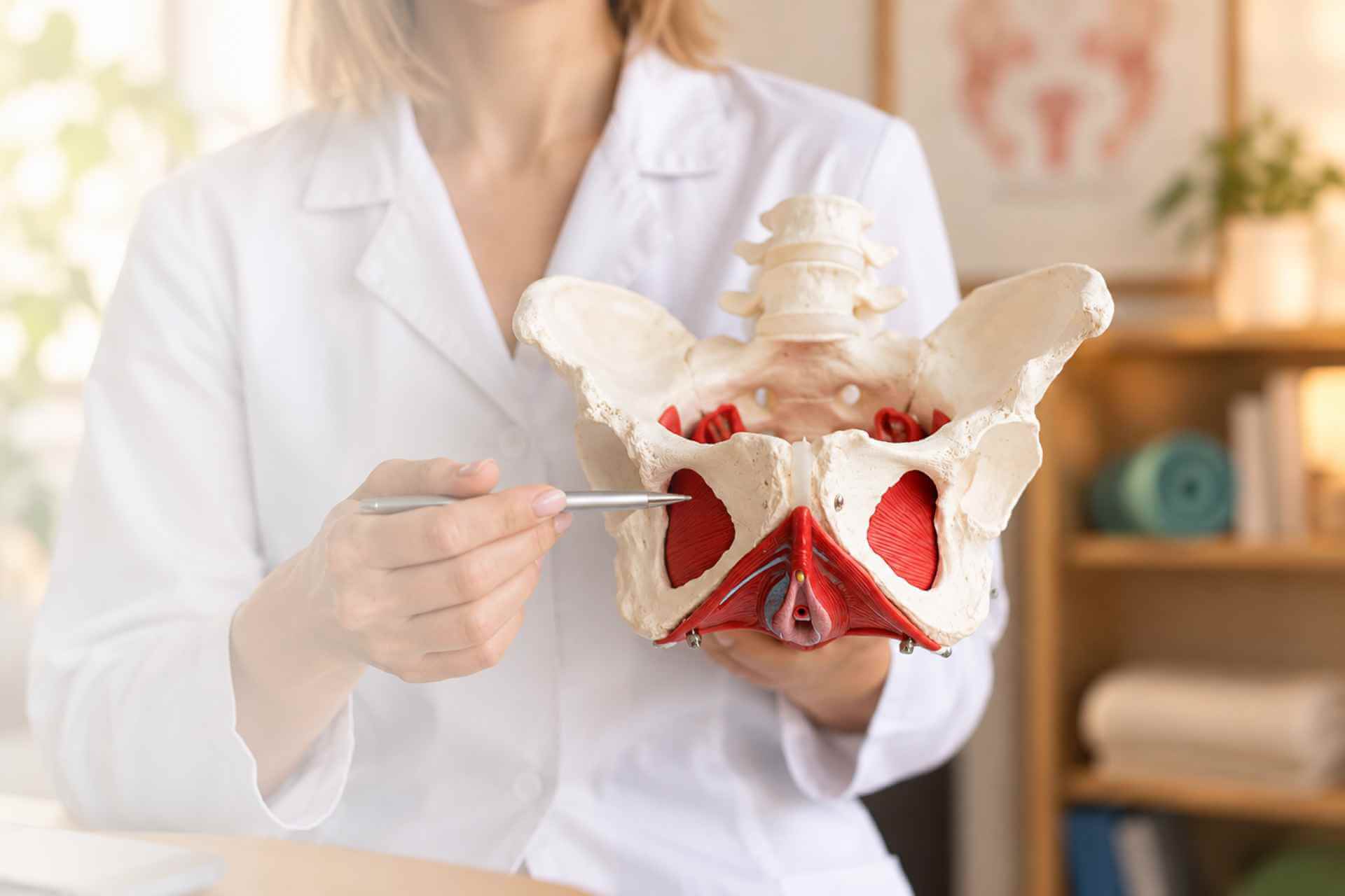 profesional de la salud mostrando la pelvis y el suelo pélvico en un modelo maqueta oseo